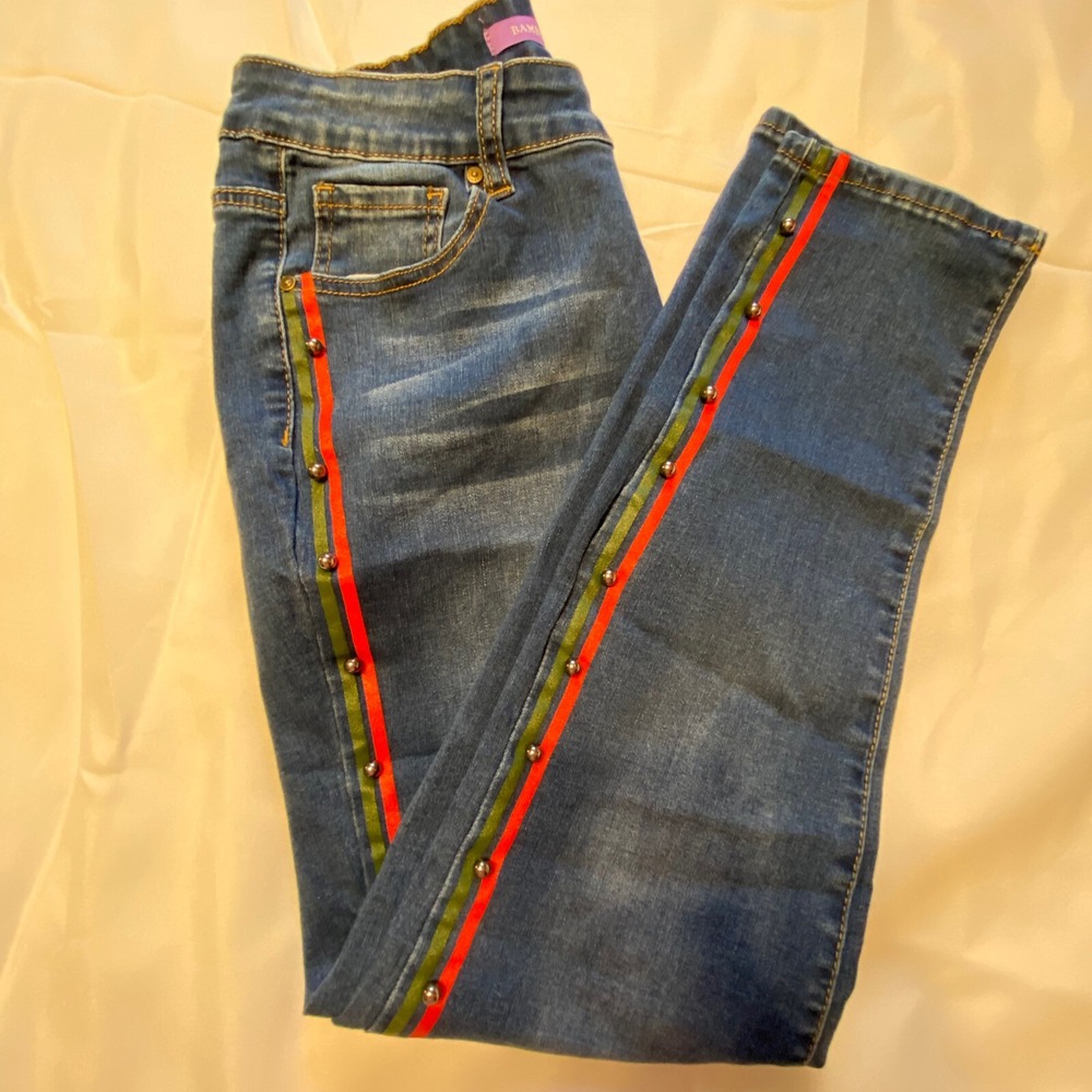 Bamboo Jeans Womens Size 15 Blue Skinny Denim Red Green Side Stripe Studded Leg